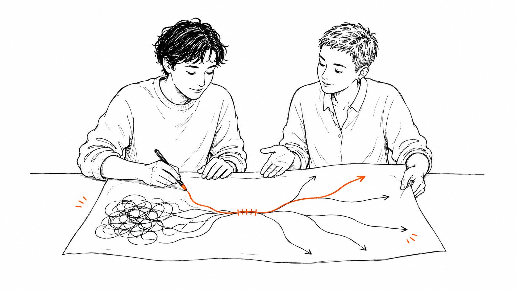 Framework A client draws an orange path through tangled lines while a therapist holds the map open without directing the route.