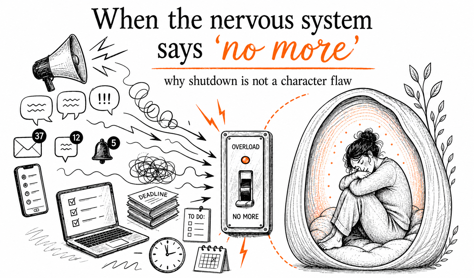 Dissociation Hand-drawn illustration of shutdown and dissociation as overload reduces access to speech, movement, feeling and presence.