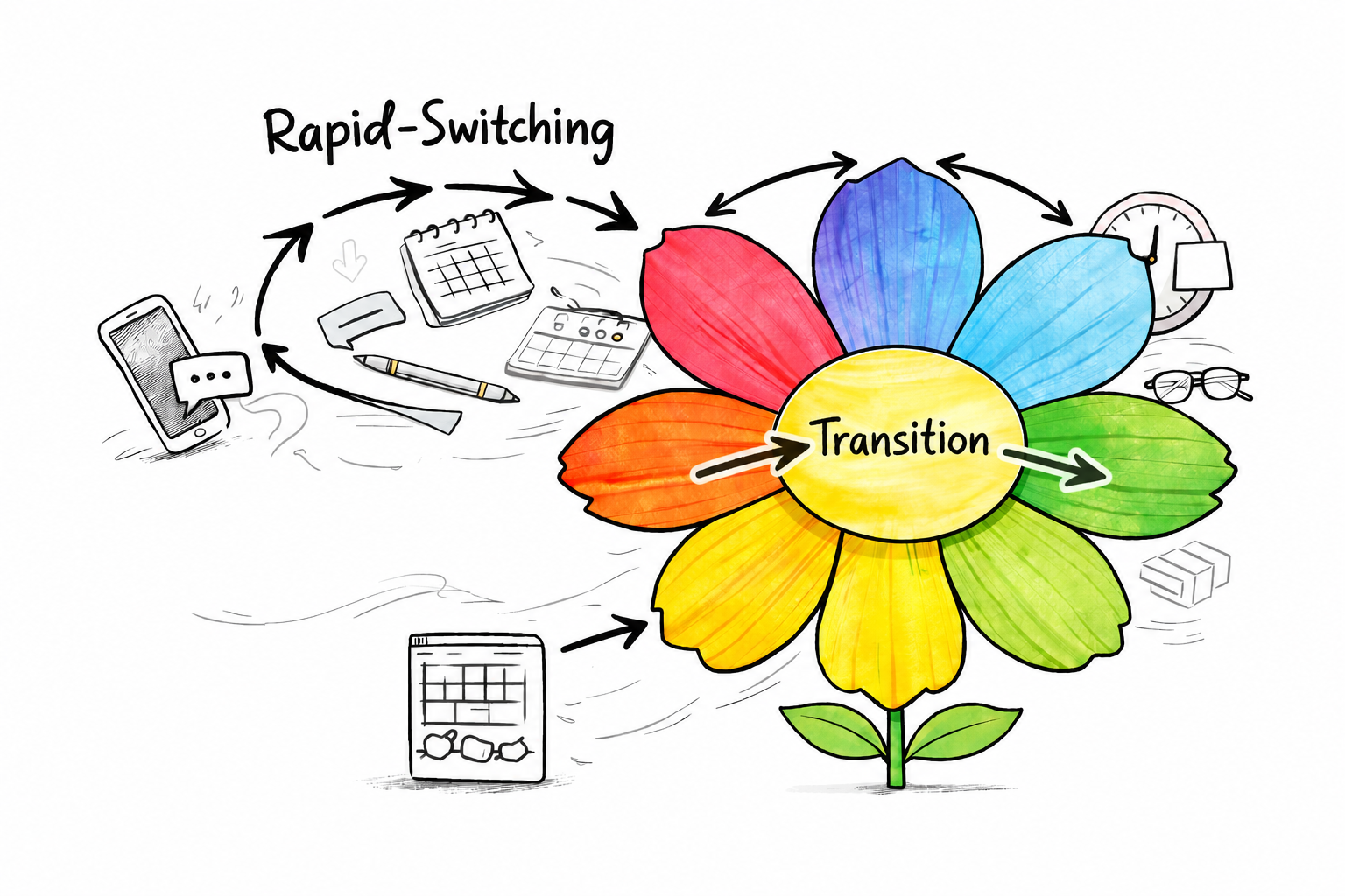 Monotropism Hand-drawn flower with multicoloured petals; arrows show rapid switching between daily demands and transition through its centre.