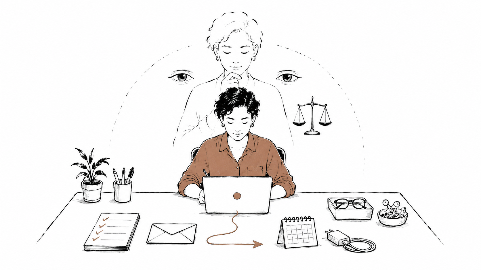 Person works at a laptop among task-planning tools while a larger observing self, watchful eyes and scales represent evaluative load.