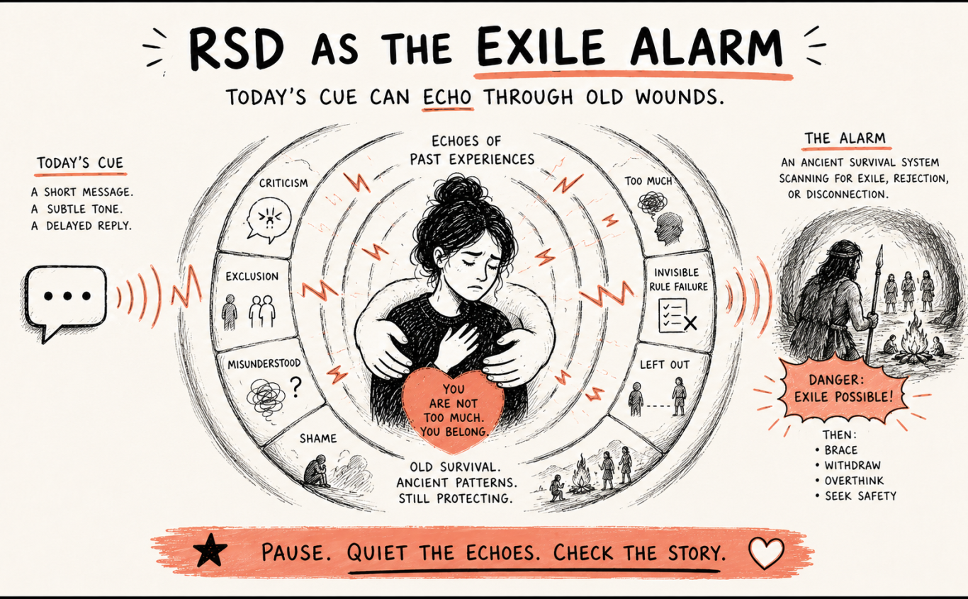 Hand-drawn RSD infographic showing a person surrounded by echoes of past rejection, with safety and repair at the centre.